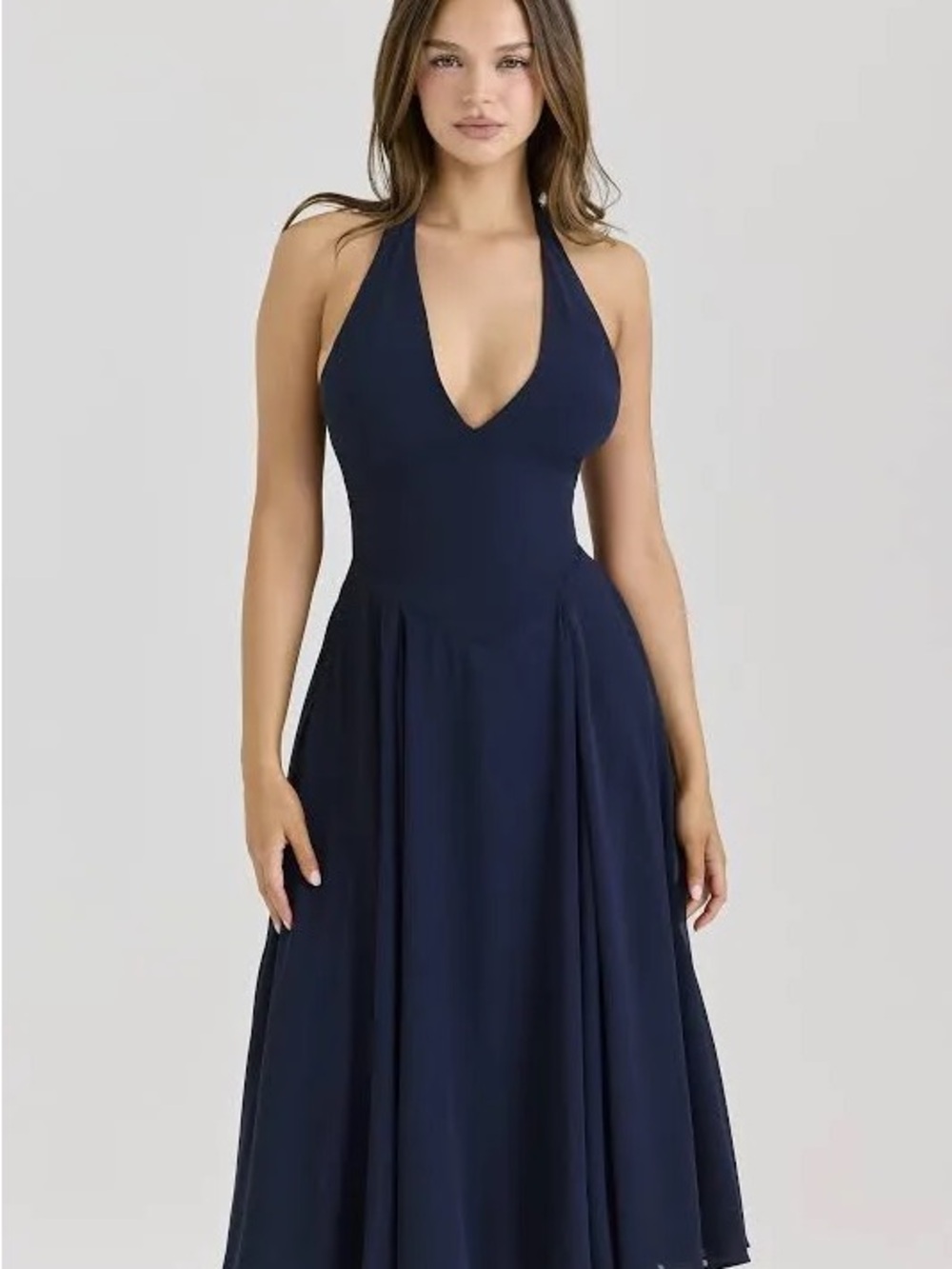 House of CB Navy One-Shoulder Halter V-Neck Dress
